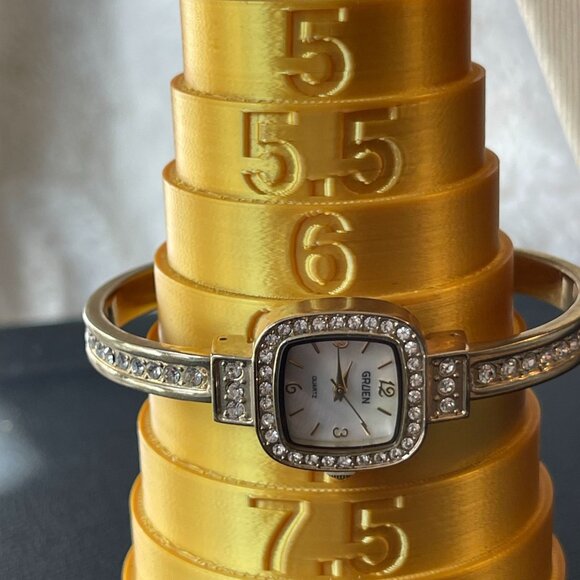 New Gruen Womens Gold-Tone Quartz Watch With Crystal Accents & Metal Bezel - Picture 9 of 10